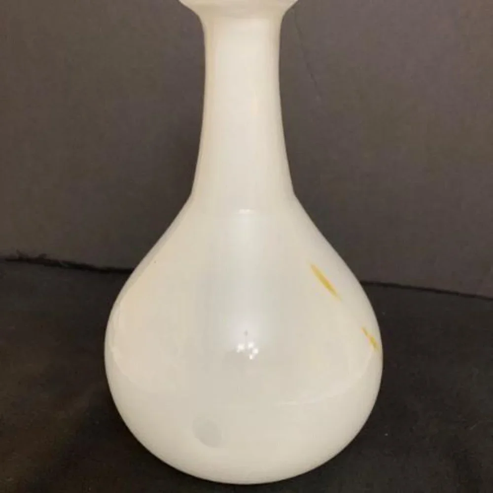 Hand‎ Blown Art Glass Vase White Yellow Rimmed Bulbous Abstract Signed
